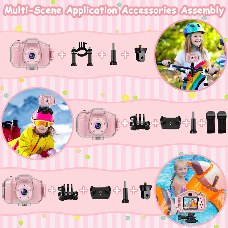 [AUSTRALIA] - Kids Waterproof Camera for Girls, Christmas Birthday 3-12 Year Old Boys Toddler Toys Gifts, Mini Underwater Children HD Digital Action Cameras, 2 Inch IPS Screen with 32GB Card (Pink) Pink 