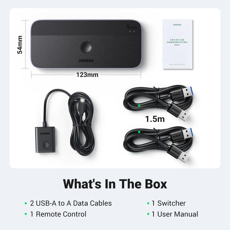 UGREEN USB 3.0 Switch 2 Computers Sharing USB C & A Devices, 4 Port USB Switcher Sharing Keyboard and Mouse, Printer/Scanner USB Switch Hub for Two Computers with 2 USB3.0 Cables and Controller Black