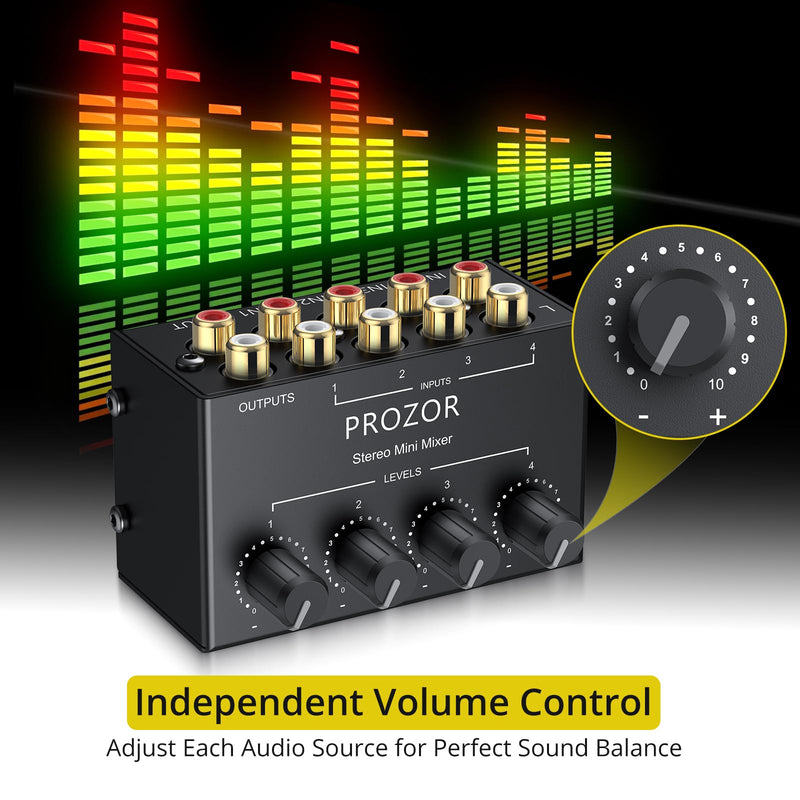 [AUSTRALIA] - PROZOR 4-Channel Stereo Audio Mixer, RCA Input with Independent Volume Controls, Metal Housing, Ultra Low Noise, for TV/PC Mixing, Home Studios, DJ Performances – No Power Required, Plug and Play 