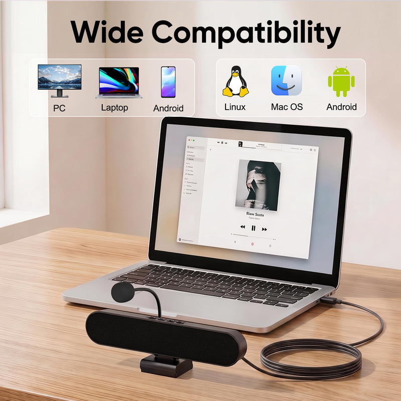 Inwa Computer Speakers with Microphone for Desktop PC, USB Wired Clip On Computer Sound Bar, Plug-n-Play Laptop Speaker w/Mic for Meeting/Gaming/Learning, Clear Audio, Easily Clamps to Monitors Black