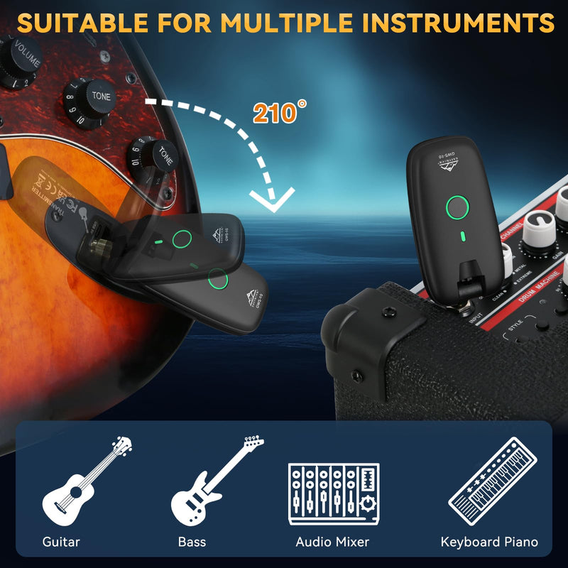 [AUSTRALIA] - EASTROCK Wireless Guitar System – Black, UHF 7-Channel Rechargeable Transmitter & Receiver, 6H Battery, 1/4” & 1/8” Plug for Guitar & Bass 