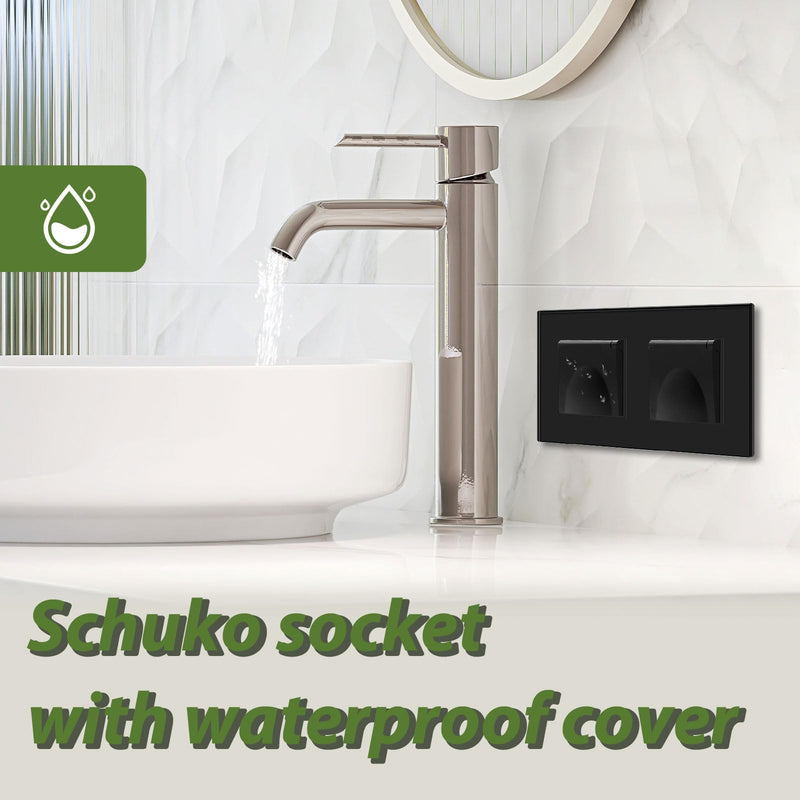 [AUSTRALIA] - BSEED 2-Way Socket with Waterproof Cover, Schuko Socket with Plug-In Terminal, Flush-Mounted Socket with Crystal Glass Plate, Double Socket, Built-in Socket, 16 Amp, Wall Socket, 157 mm, Black 2 compartments with waterproof cover 