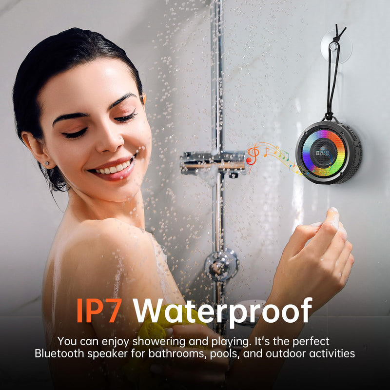 [AUSTRALIA] - Bluetooth Shower Speaker with Light, Enhanced bass, Upgraded Portable Shower Speakers, Dual bass Driver, 12H Playtime, Suction Cup, Lanyard, Hands-Free Function for Bathroom Beach Party Deep Black 