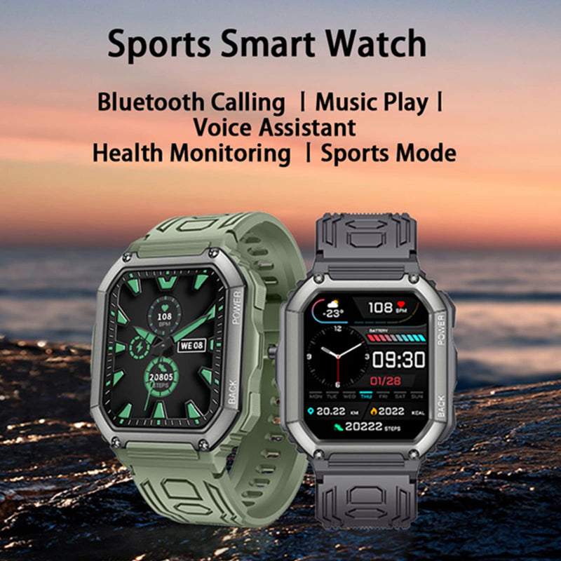Tuanzi KR06 Sports Smart Watch 1.8 Inch Bluetooth Call Music Play Voice Assistant Health Monitor Multi Sports Modes Fitness Tracker (Green) KR06-Green