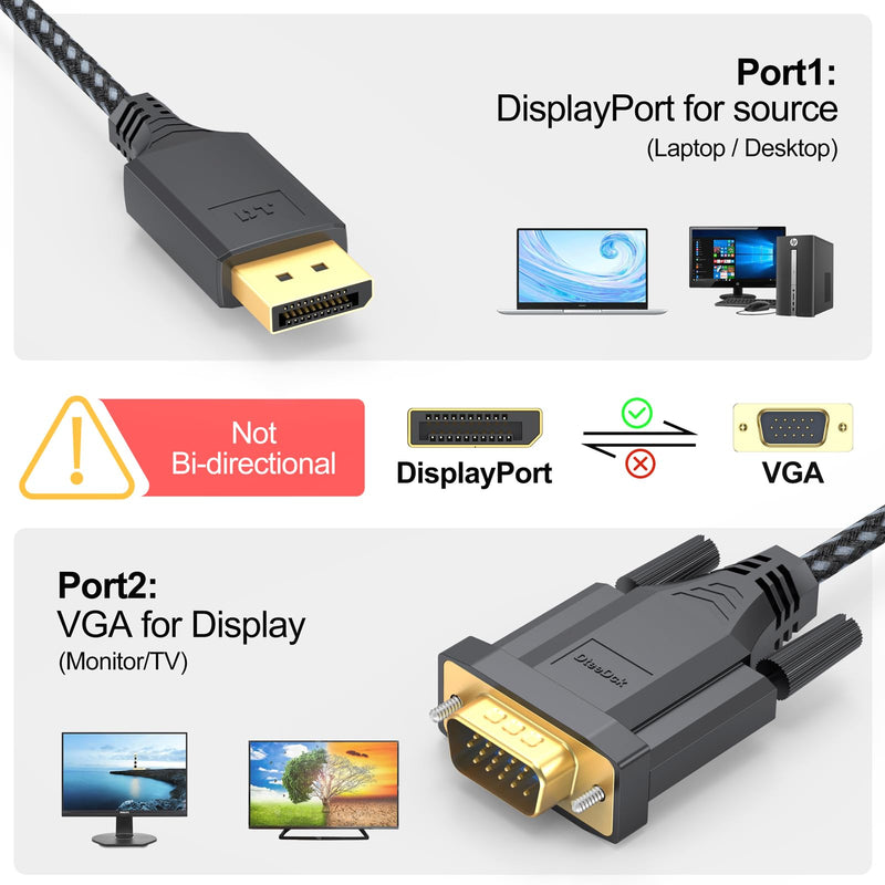 DisplayPort to VGA Cable 3Ft, DP Display Port to VGA Adapter Cable Converter Male to Male Braided Cord for Monitor Desktop Laptop Display Projector HDTV 3 Feet 1 Pack