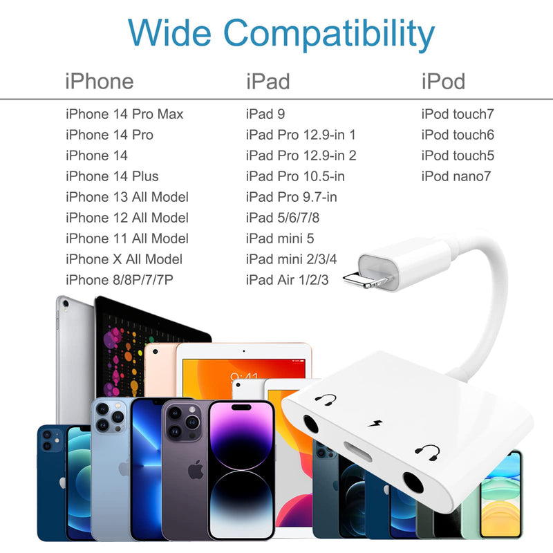 [AUSTRALIA] - 3in1 Lighting to 3.5mm,Headphone Adapter for iPhone, Dual Earphone Jack Audio and Charging Adapter,Headphone Splitter for iPhone 14/13/12/11/XS Max/XR/8/7 Plus /6/ iPad,Support iOS 10 to16 
