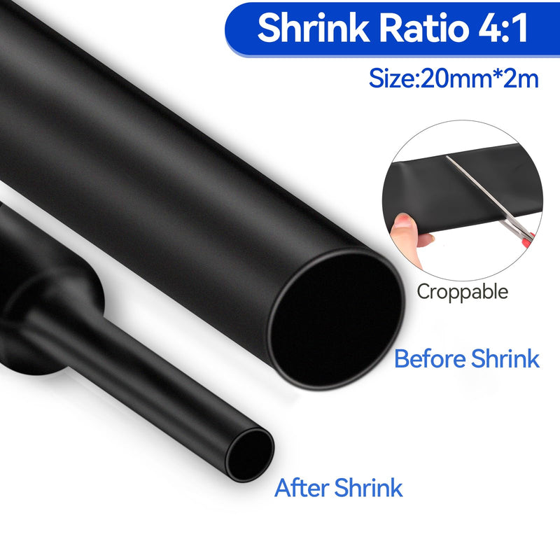 Heat Shrink Tube, Heat Shrink Tube with Adhesive, 4:1 Heat Shrink Tubes, Waterproof, Heat Shrink Tube Black for Cable Insulation, Marking, Cable Bundling, Repairs (20 mm x 2 m) 20MM*2M