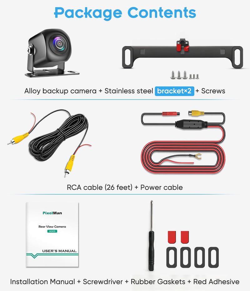 PixelMan Backup Camera, AHD 1080P Reverse Camera | Stainless Steel License Plate Back Up Camera, IP69 Waterproof Night Vision Universal Mini Rear View Camera for Cars,Trucks