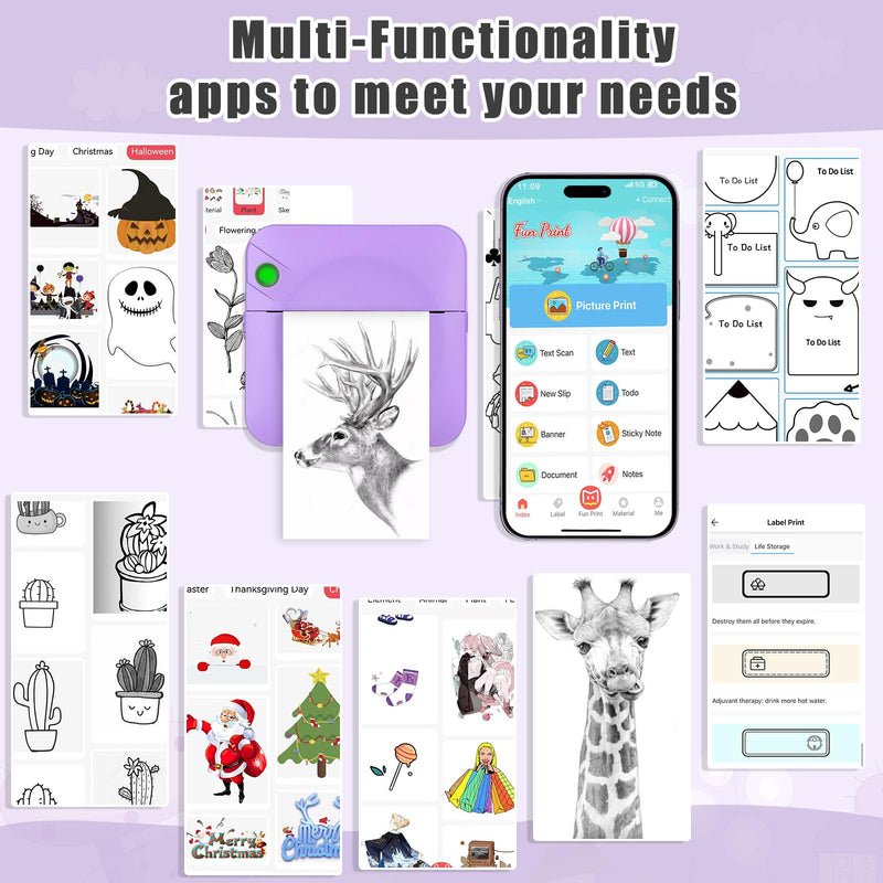 Mini Sticker Printer,Mini Pocket Thermal Printer with 11 Rolls Paper,Bluetooth Inkless Printer Compatible with Android & iOS,Portable Receipt Printer for Photo,Journal,Memo,Travel,Purple Purple