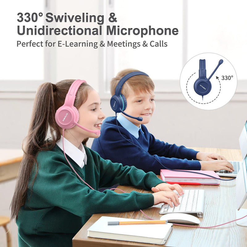 SIMOLIO-Kids-Headphones-School with-USB-C to 3.5mm Dongle, Boom-Microphone | 75/85/94dB Volume Limit,Mute Button,Bag, Stereo Over-Ear Wired Headset for iPad,iPhone,Tablet,Boy,Girl,Gaming,Travel,Airplane Rose & Navy USB C & 3.5mm