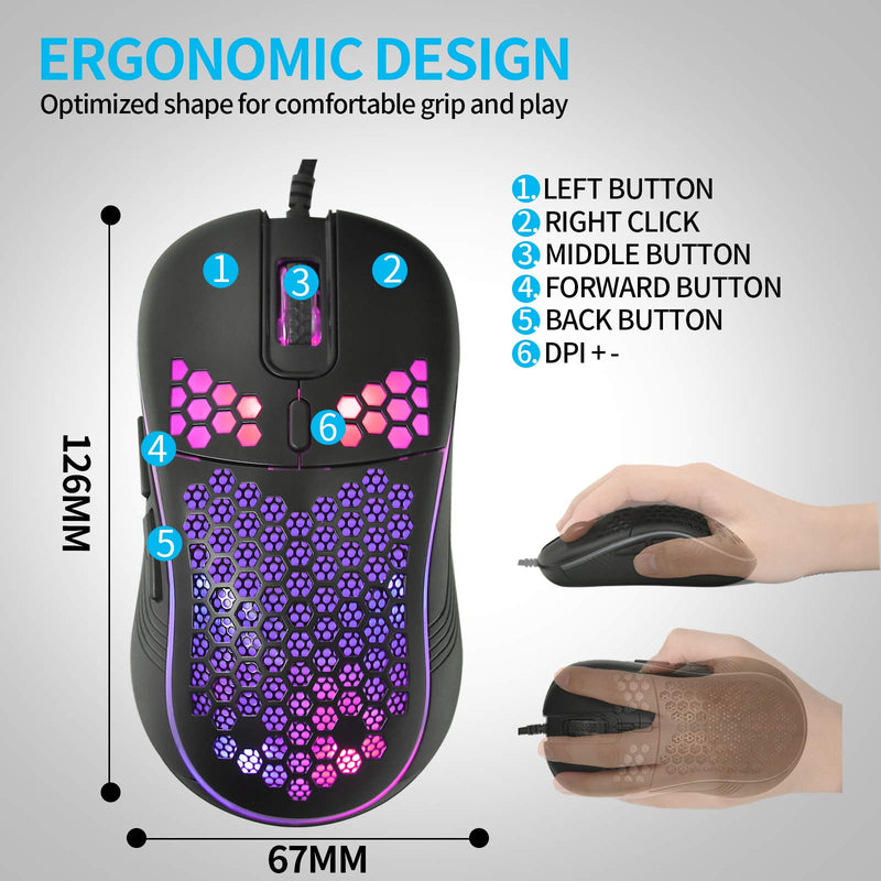 Honeycomb Wired Gaming Mouse, RGB Backlight and 7200 Adjustable DPI, Ergonomic and Lightweight USB Computer Mouse with High Precision Sensor for Windows PC & Laptop Gamers (Black) Black