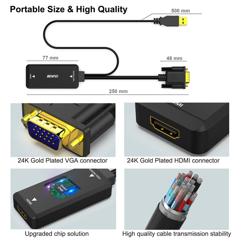 [AUSTRALIA] - BENFEI VGA to HDMI Adapter, 1080P Converter with Audio from Computer/Laptop VGA Source to HDMI TV/Monitor 1pack VGA Source to HDMI Monitor 