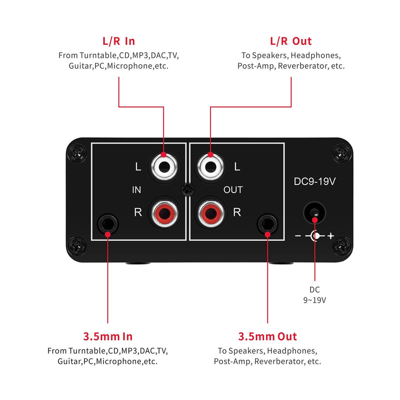 Mini Small Stereo Audio preamplifier, Headphone Amplifier, Gain 20dB Phono Turntable Phonograph preamp, Dual op amp NE5532 with RCA 3.5mm Input to RCA 3.5mm Output