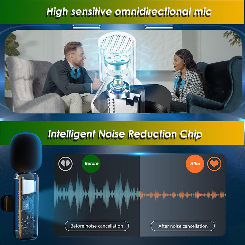 [AUSTRALIA] - 2 Pack Wireless Mini Lavalier Lapel Microphone for iPhone,Android Phone(2 in 1) - 80ft Cordless Clip on Dual Mics with Noise Reduction 5H Working Time for Video Recording Vlogging, YouTube, Interview Black 
