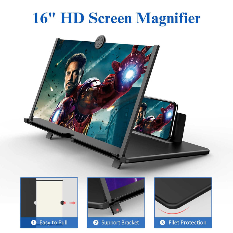 16" Screen Magnifier -3D HD Mobile Phone Magnifying Projector Screen Enlarger for Movies, Videos and Gaming – Foldable Phone Stand Holder with Screen Amplifier–Compatible with All Smartphones Black-16 inch