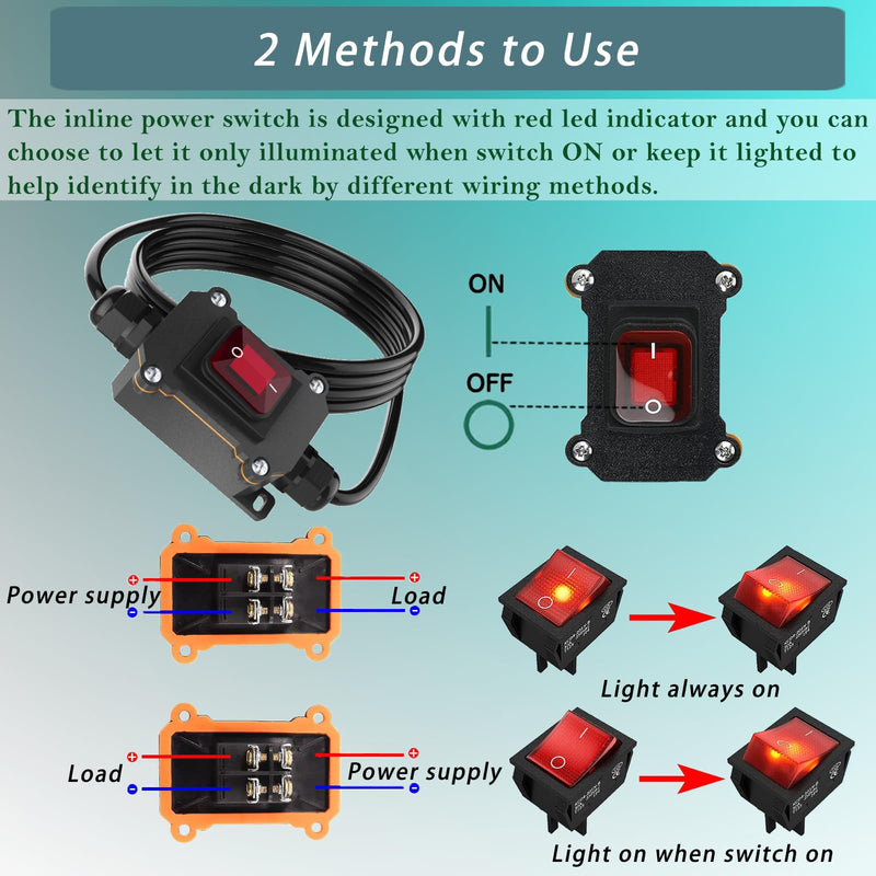 [AUSTRALIA] - 10FT 12V Inline Switch IP68 Waterproof, Outdoor On/Off Toggle Switch with Waterproof Junction Box, DC 12V-24V 20A On Off Switch 12 Volt Inline Cord Switch with Red LED Rocker Button 10FT 
