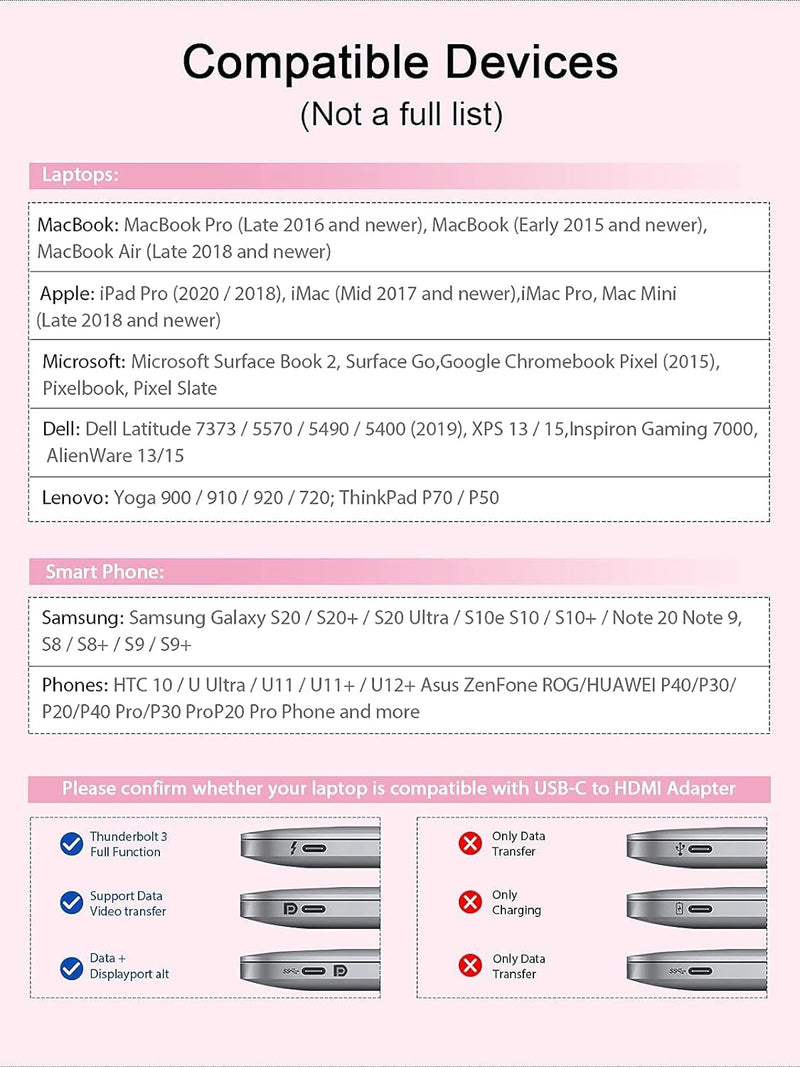 QGeeM USB C to HDMI Adapter 4K Cable, USB Type-C to HDMI Adapter [Thunderbolt 3/4] for Laptop MacBook Pro/Air, iPhone15 Pro max, Dell XPS, HP.Pixelbook, Thinkpad,Surface,etc.-Pink-2Packs Pink-2 PCS