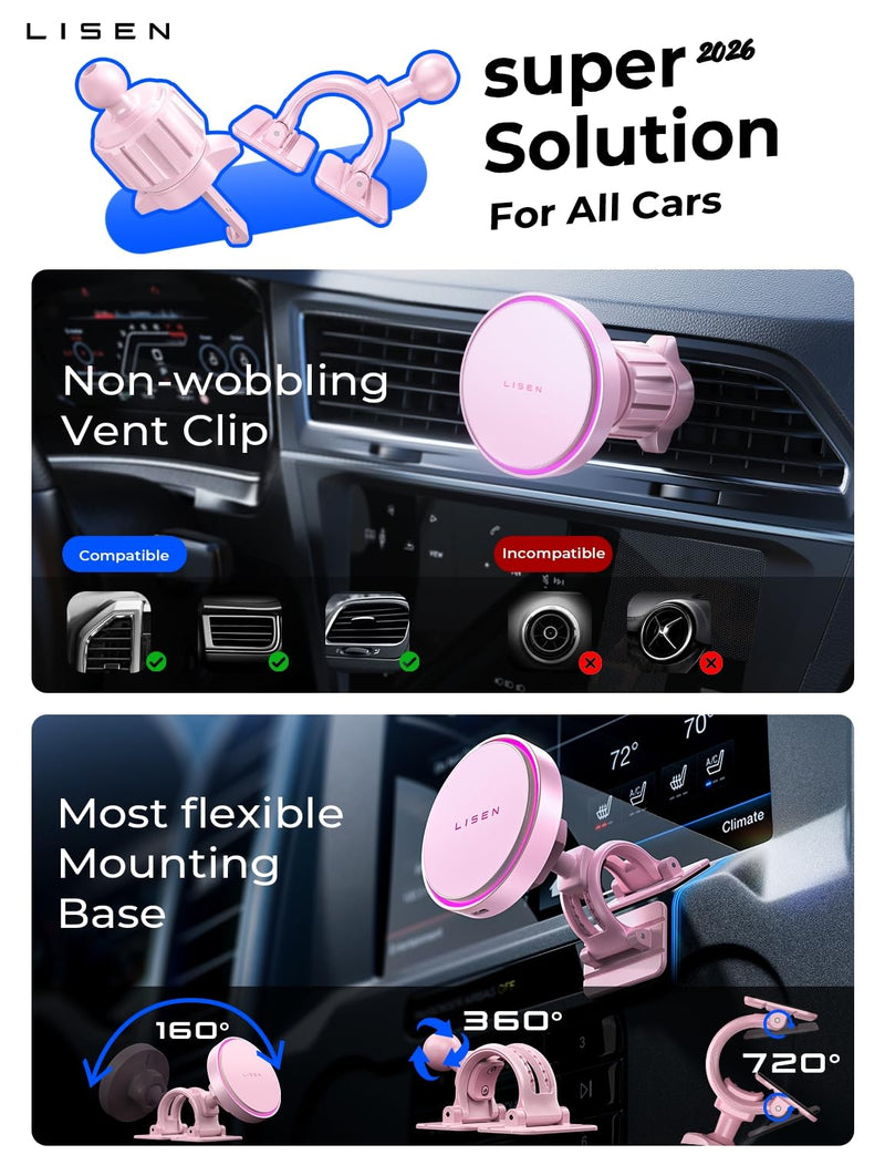 LISEN 15W MagSafe Car Mount Charger,[Light Pink] Magnetic Wireless Car Charger, Dashboard & Air Vent Car Phone Mounts, Car Phone Holder for iPhone 17-12, Samsung, Pixel, Cute Car Accessories for Women | [Light Pink & Purple LED light] Magsafe Car Mount...
