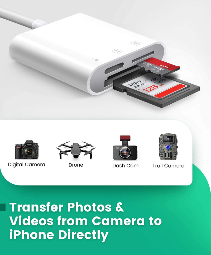 SD Card Reader for iPhone iPad, AkHolz 2 in 1 SD Card Reader for iPhone iPad Camera Card Viewer Reader for Trail Game Camera DSLR Camera Dash Cams SD Card Reader, Portable No App Required