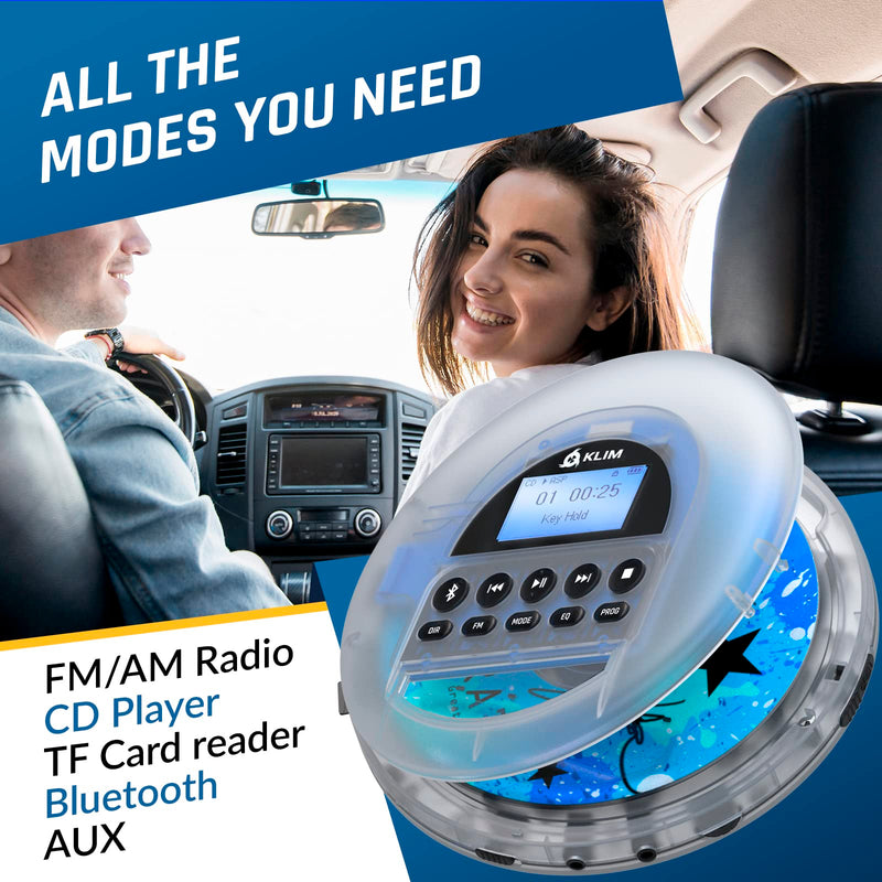 KLIM Nomad Transparent - New 2024 - Portable CD Player Walkman with Long-Lasting Battery - Includes Headphones - Radio FM - MP3 CD Player Portable - TF Card Radio FM Bluetooth - Ideal for Cars Clear