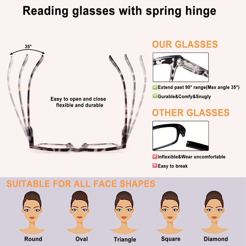 6 Pack Fashion Reading Glasses for Women Men Blue Light Blocking Oversized Square Readers with Spring Hinge 6 Pack Mix 1.5 x