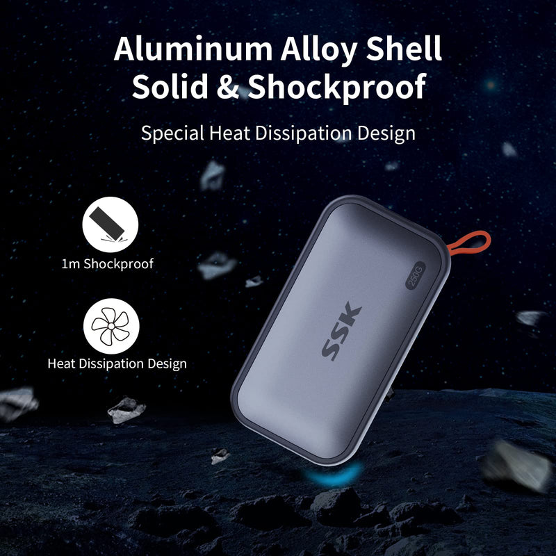 SSK Portable SSD 250GB External Solid State Hard Drive USB C Up to 1050MB/s | USB3.2 Gen2 A&C Cable, SMART & TRIM, 4KHDR ProRes, LED Light, OTG, iPhone 15/16/17Pro Wide Compatible, Aluminum