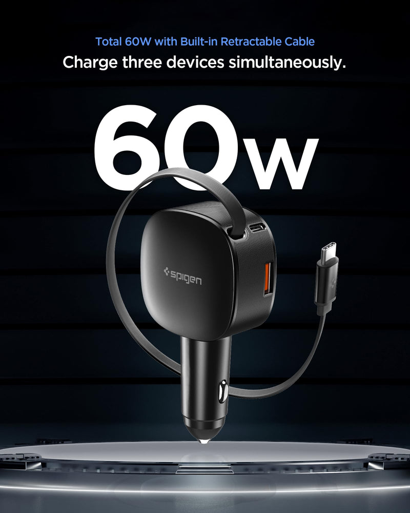 Spigen 3-in-1 60W Retractable USB C Car Charger, Support Fast USB A & C | Quantum Boost Car Adapter Compatible with iPhones, Galaxy with Magnetic Cases, Pixels with Pixelsnap