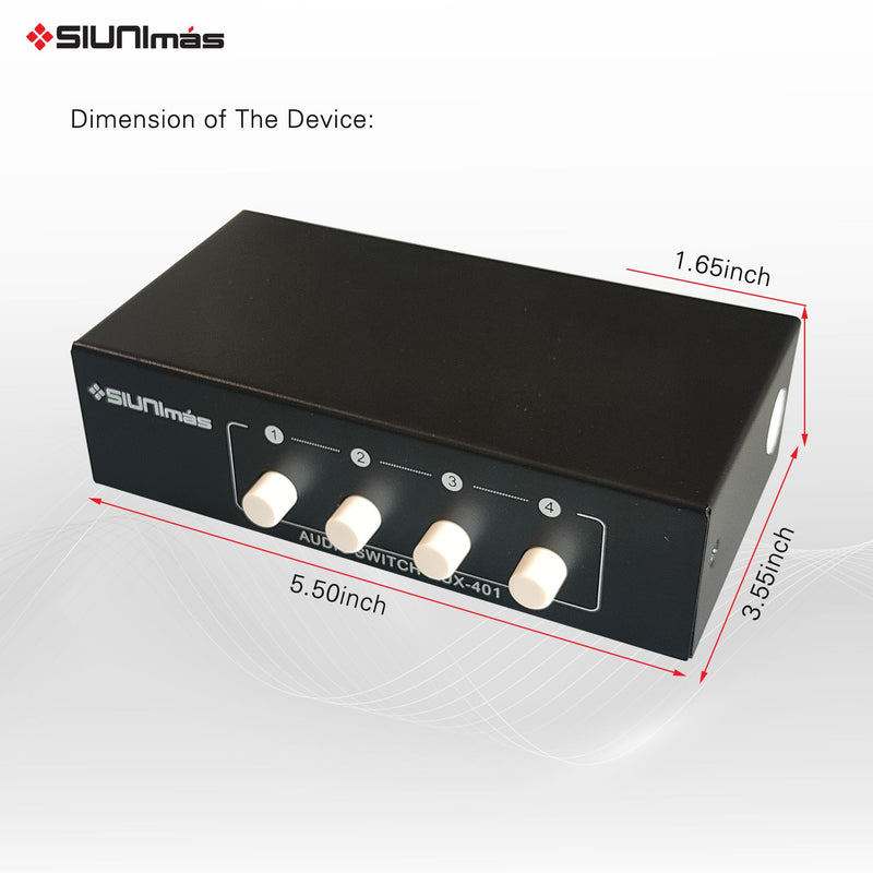 4-in 1-Out RCA and 3.5mm Aux Audio Receiver Switching Box 4 Channels Audio Converter Passive Audio Selector Switch Box 1-in 4-Out (S401-RCA AUX) S401-RCA AUX