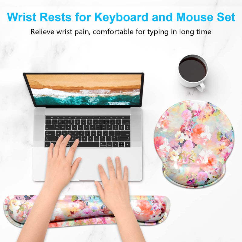 Dapesuom Keyboard Wrist Rest and Mouse Pad with Support, Memory Foam Rests for Set, Ergonomic Non Slip Base Easy Typing & Pain Relief, Peonies Floral, Pink Floral Pink Peonies Floral