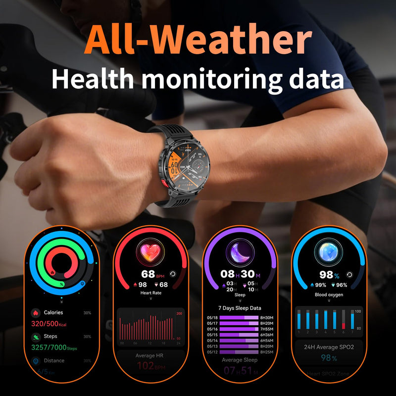 Mens Smart Watch for Android Phones and iPhone,Military Sport Smart Watches for Men Fitness Tracker Watch with Flashlight/Compass/Waterproof/100 Days Battery/Heart Rate/Sleep/100+ Sport Modes Black