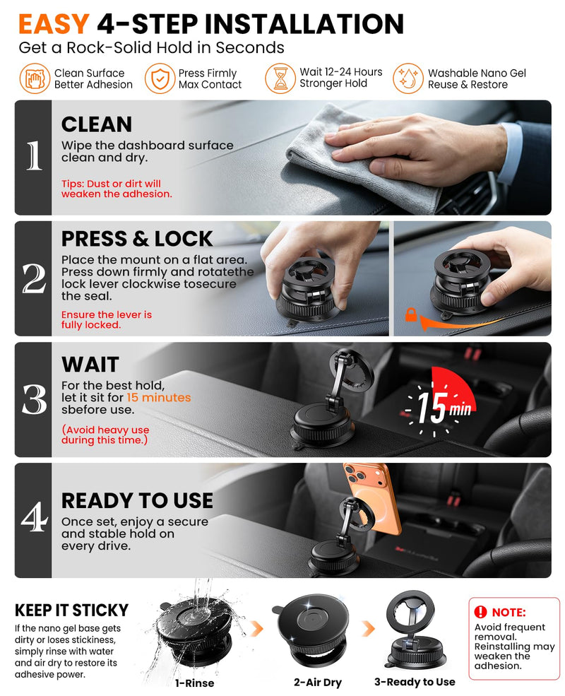 Magnetic Car Phone Holder, for MagSafe Car Mount, Nano Gel Suction Car Phone Mount for Dashboard, Cell Phone Stand for Your Car, 360°Rotatable & Foldable for iPhone 17 16 15 14 13 12 Series Black Nano-Gel Grip