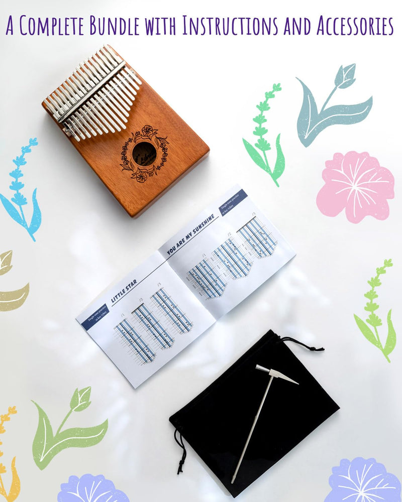 Libretto Kalimba Solid Wood Thumb Piano 17 Keys, Portable Mbira Finger Piano with Tune Hammer, Flannel Bag, Manual, Cleaning Cloth, Finger Covers, and Stickers, Great Gift for Kids and Adult Beginners