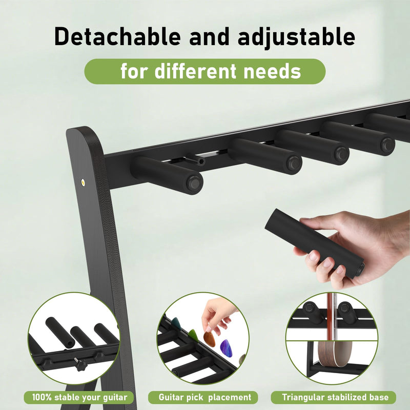 Multi Guitar Stand Heavy Duty - Wood Floor Stand for Electric Guitar and Bass, Adjustable Non-Slip Guitar Rack, Holds Multiple Guitars & Basses (Electric Guitar Stand, Bass Stand, Wood Guitar Stand) Black