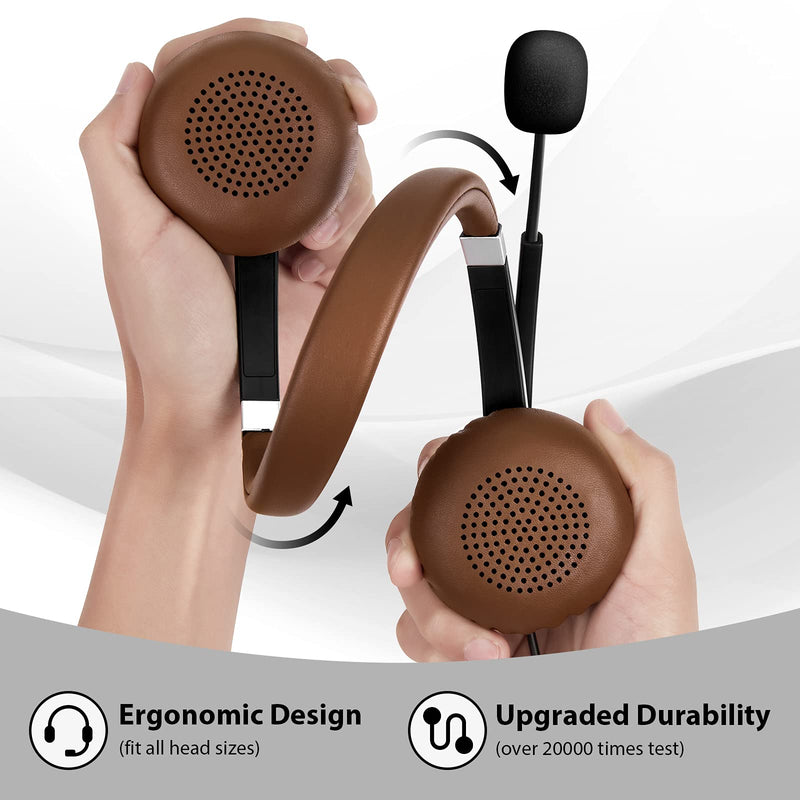 [AUSTRALIA] - Arama USB Headset with Microphone Noise Cancelling & in-line Call Controls, Ultra Comfort 3.5mm Wired Headset for Cell Phone, Computer Headset with Mute for PC Laptop Skype Webinar Home Office Brown 