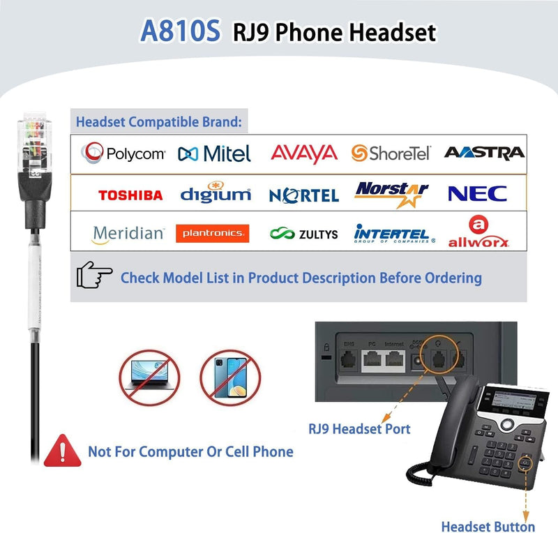 [AUSTRALIA] - Arama RJ9 Telephone Headset with Noise Canceling Mic & Corded Office Phone Headset Compatible with Polycom Plantronics ShoreTel Toshiba Digium Nortel Landline Phones Monaural A810S1 