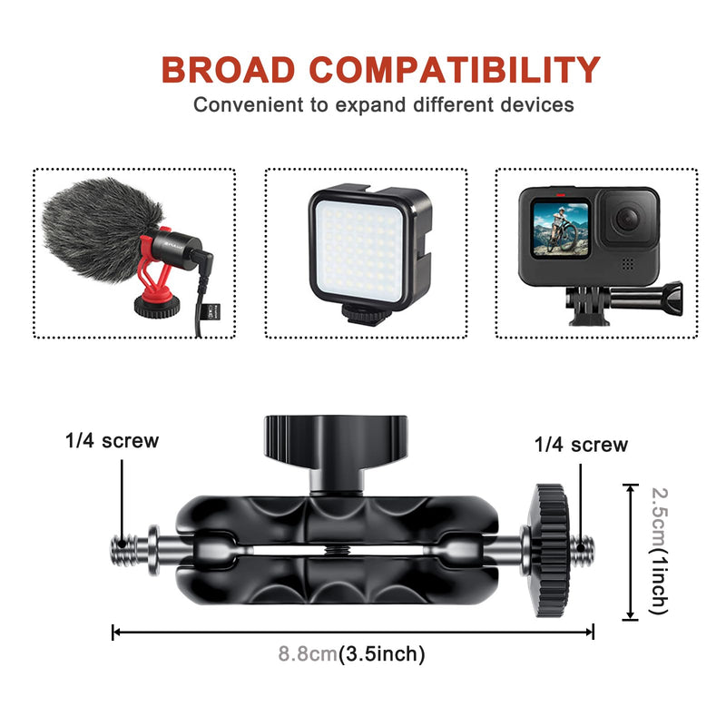 [AUSTRALIA] - Camera Mount Clamp with Double Ball Head Adapter - 2 Pack. Compatible with LED Lights, Gopro, Insta360, DJI Action, Ronin-M, Ronin MX. 360° Ballhead and 1/4’’ + 3/8’’ Thread Hole. 