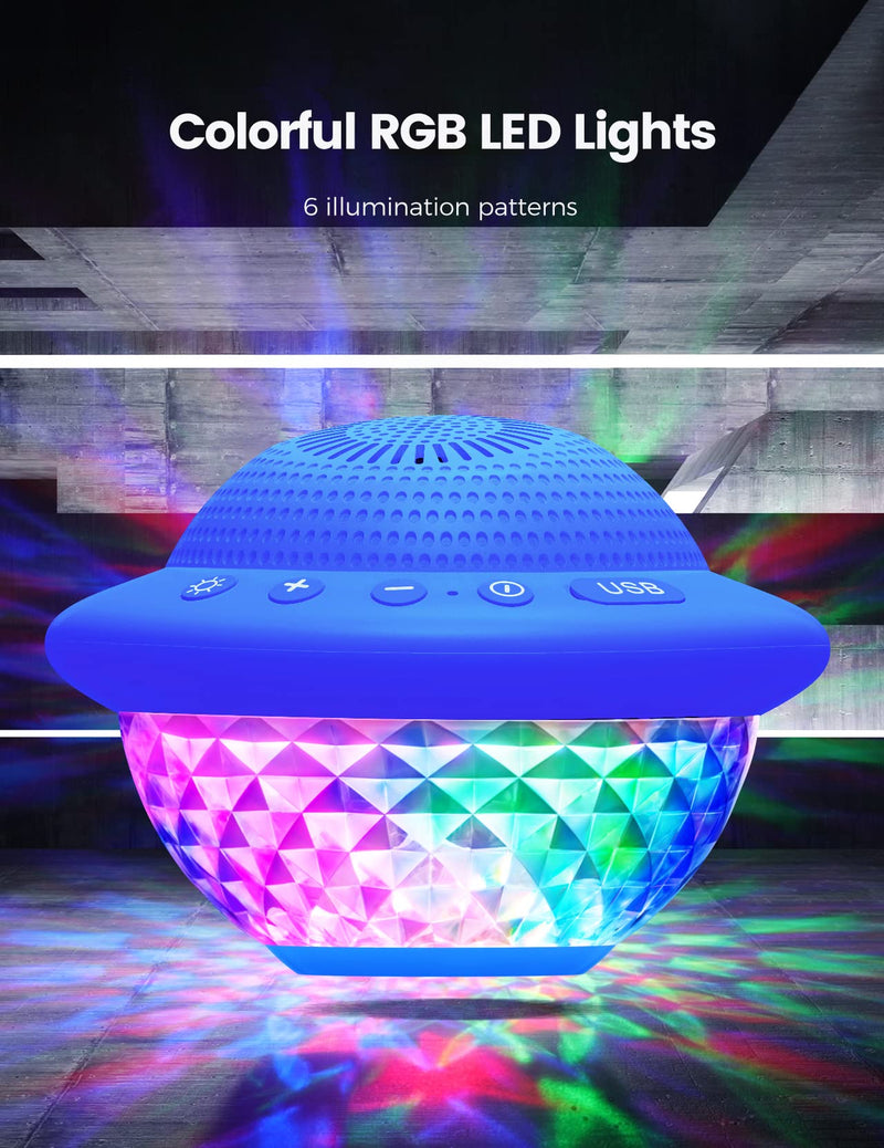 Floating Pool Speakers with Colorful LED Lights, IPX7 Waterproof Hot Tub Bluetooth Speaker, 10W Stereo Loud Sound, Built-in Mic, Portable Wireless Speakers for Shower Bathtub Beach Outdoor Swim-Blue Blue