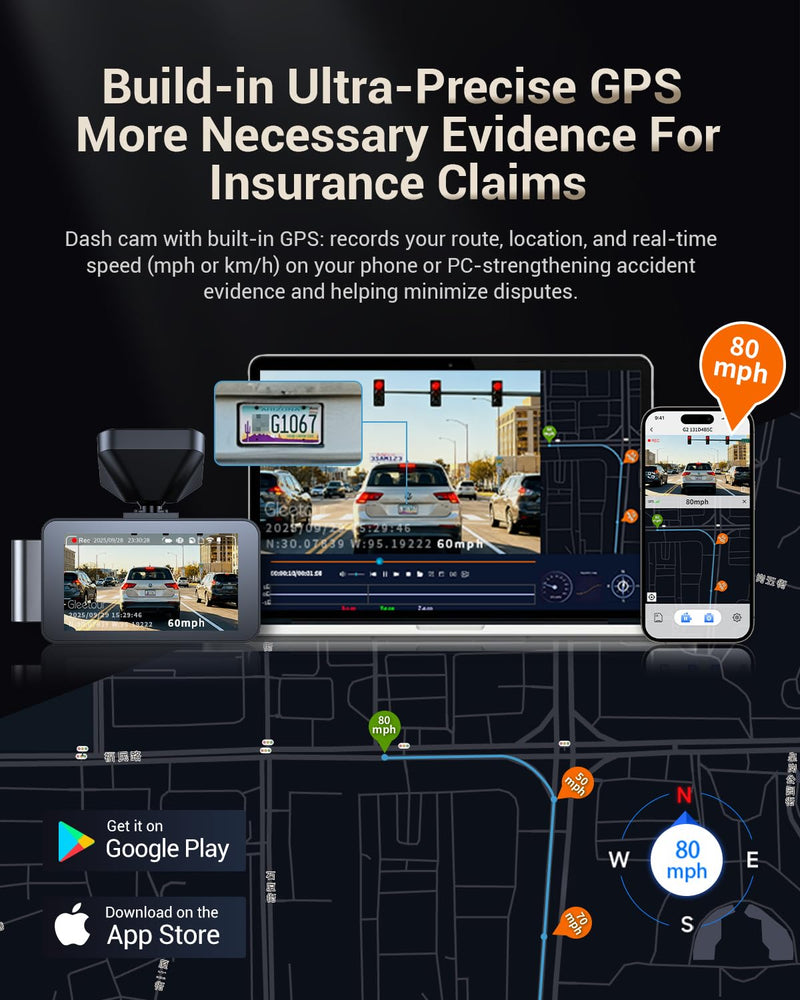 Dash Cam Front and Rear, 4K HDR Dash Camera for Cars, 3" IPS Screen Dash Cam Built-in GPS with 5.8G WiFi UHD Night Vision Free 64G Card, Parking Monitor, G-Sensor