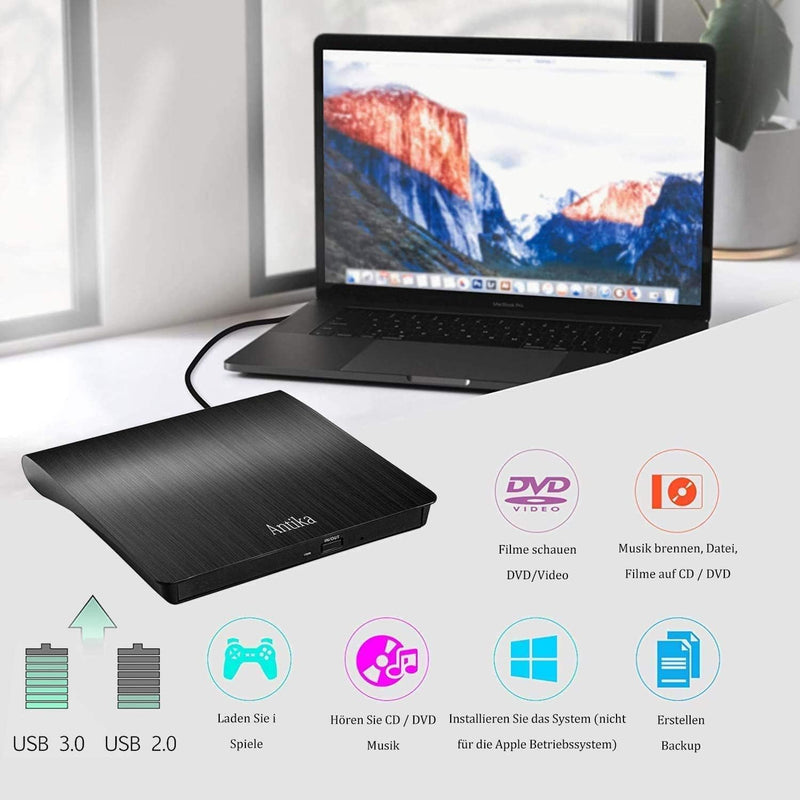 Antika External CD Drive USB 3.0 Portable Slim External DVD Drive CD DVD +/-RW ROM Burner Writer/Player for MacBook Pro Laptop/Desktops Win 11/10/7/8.1 (Black) Black