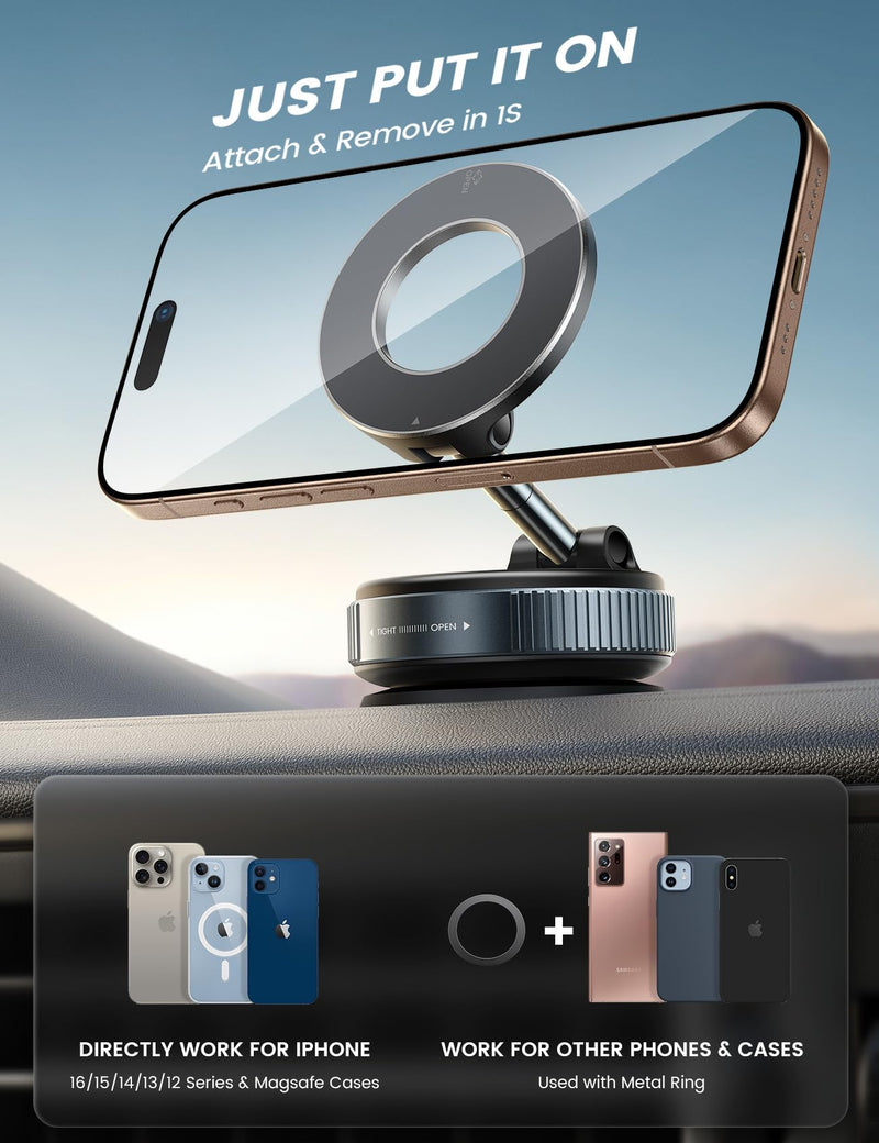 Lamicall for MagSafe Car Mount 70LBS Vacuum Suction Dashboard & Windshield | 20X Magnet Car Phone Holder 360° Foldable Magnetic Phone Holders for Your Car fit iPhone 17 16 15 14 Pro Max Gift Truck Black