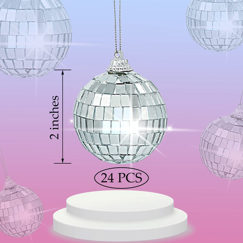 24 Pcs 2 Inches Disco Ball Ornaments Silver Mirror Balls for Christmas Tree Wedding Party Decoration 24