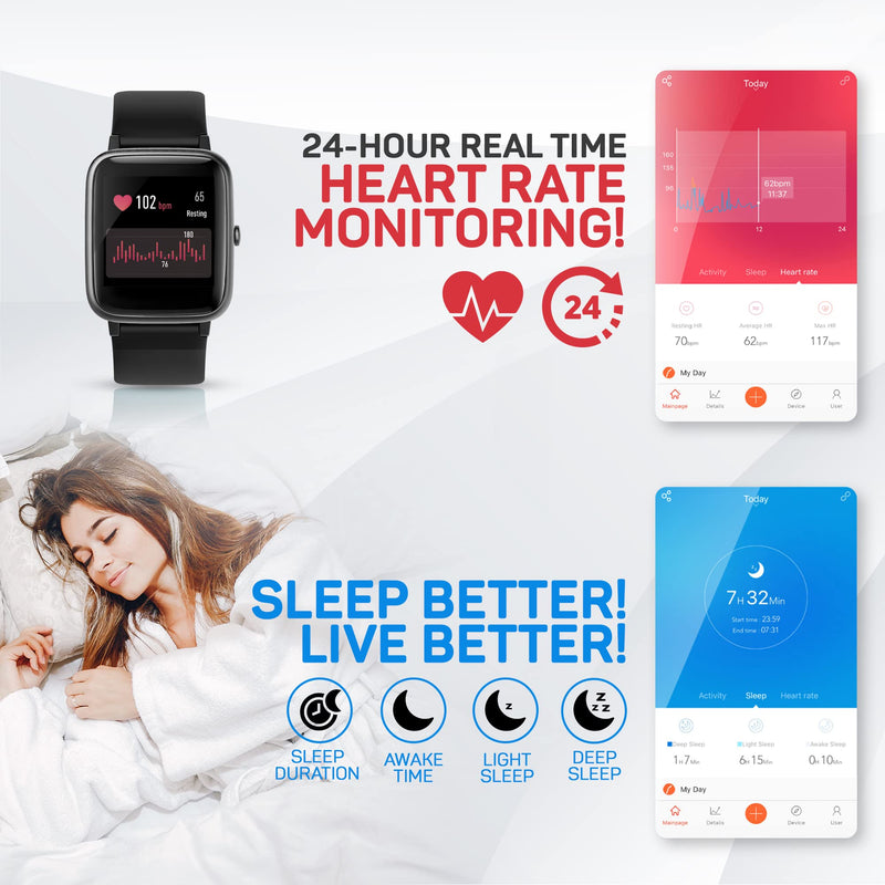 OCTANDRA Move VeryFitPro Smart Watch HR Heart Rate Sleep Monitor IP68 Waterproof Activity Fitness Tracker Step Counter Pedometer Exercise Running Watch Fitness Watches for Men & Women (ID205L) (Black) ID205L - Black