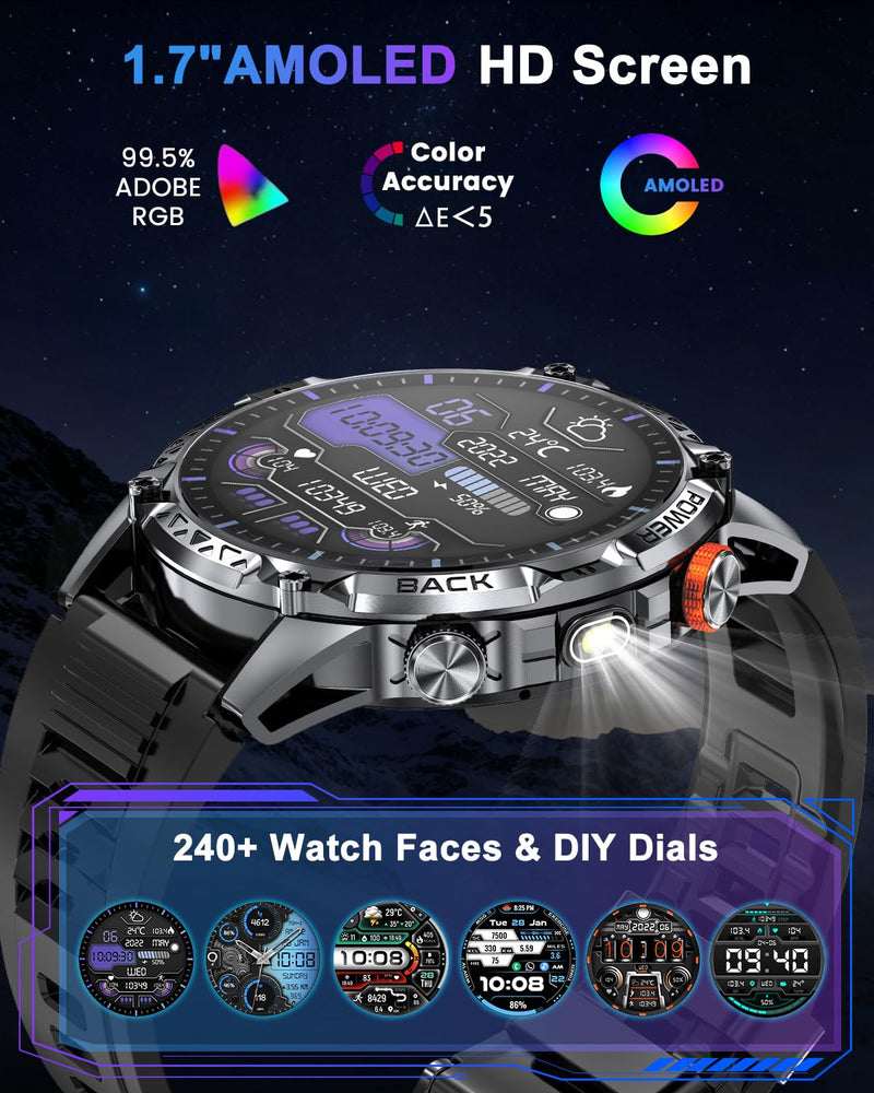 Rugged Smart Watch for Men, 1200mAh Battery, 1.7" AMOLED Display, Bluetooth Calling, IP68 Waterproof (Not for Swimming), 100+ Sports Modes, Compass & LED Flashlight for iPhone & Android
