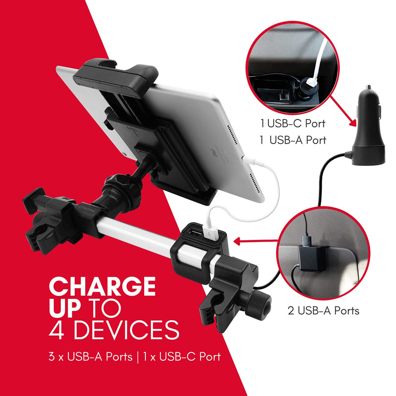 Macally Tablet Holder for Car Headrest with 4 Device USB Car Charger - Perfect Backseat iPad Car Mount for Kids - Universal Tablet & iPad Car Holder Back Seat 4.5” to 10” Wide Silver with Black