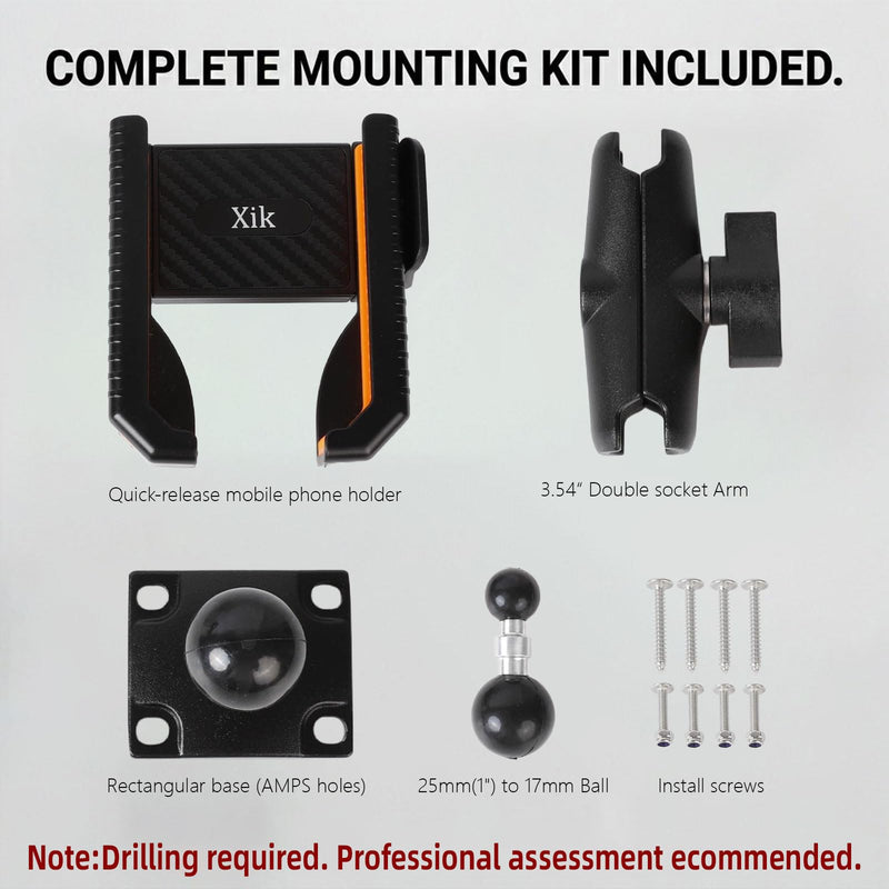 xik Phone Holder Mount for Boat, Kayak & Truck - Square AMPS Base | 3.54” Medium Arm, [1s Quick Lock & Release] [360° Adjustable], Fits 4.7"-7.2" Phones, Surface Mount for Dashboard Medium(3.54" Arm)