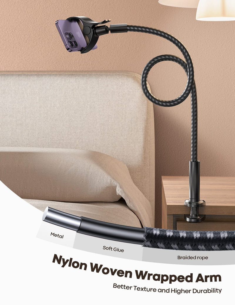 Lamicall Gooseneck Phone Holder Bed - [Nylon Braided] Flexible Arm, 38inch Overall Length, 360 Adjustable Clamp Clip, Overhead Cell Phone Mount Stand for Bed, Desk, 4-7” Cellphone Black