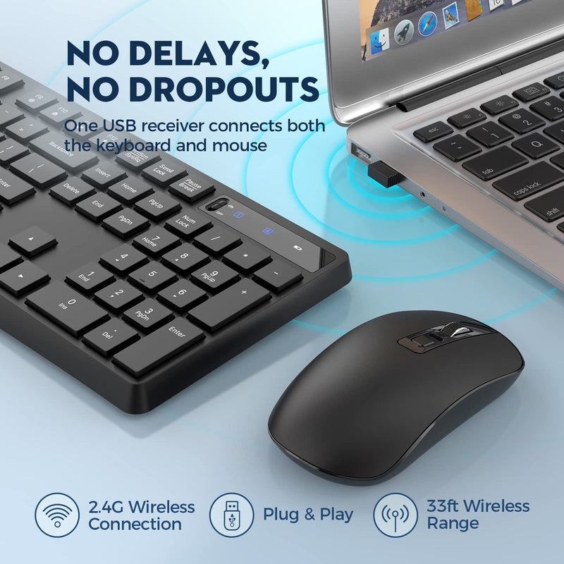 Wireless Keyboard and Mouse Combo, COLIKES 2.4G USB Cordless Mouse and Keyboard, 3 Level DPI Slim Ergonomic Mouse, Responsive Plug & Play for Computer Laptop PC - Full Size, Black