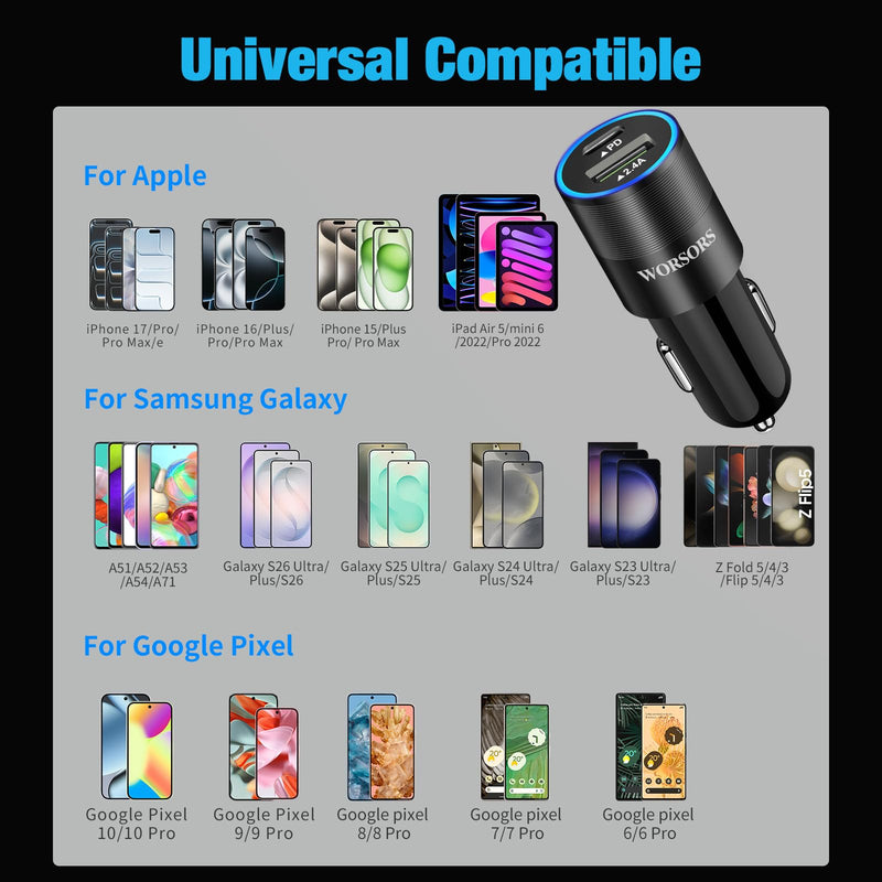 6 Pack 35W USB C & USB A Dual Ports Car Chargers for iPhone/Android Phones | PD 20W + QC 3.0 15W Car Cigarette Lighter Adapter Fast Charging for iPhone 17 16 15 14, iPad, Samsung Galaxy S26 S25, Google Black