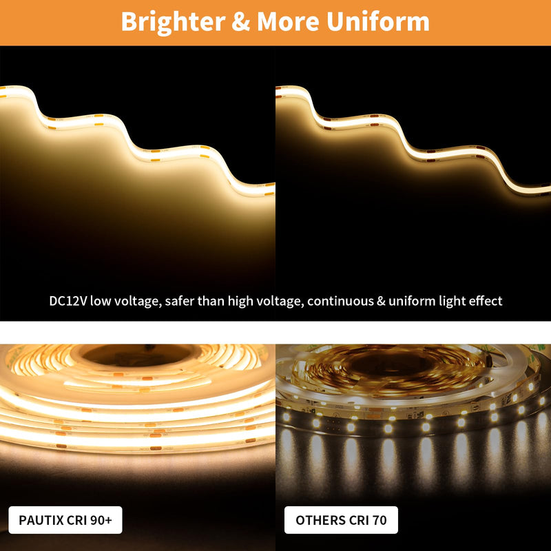 [AUSTRALIA] - PAUTIX COB LED Strip Light 12V Warm White 3000K Waterproof IP65 18Ft CRI90+ Flexible LED Tape Lights for Cabinet Engineering Home DIY Lighting Project with 8mm Connector(Power Supply Not Included) 3000k/IP65 Waterproof 