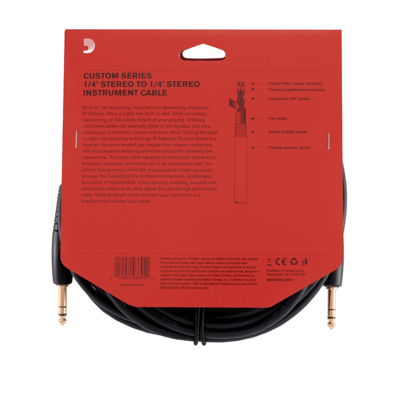 D’Addario Accessories Custom Series Guitar Cables - Instrument Cable with ¼ Inch Ends - High Performance Guitar Cord - For Guitars, Bass, Keyboards - Stereo - Straight End, 25 feet